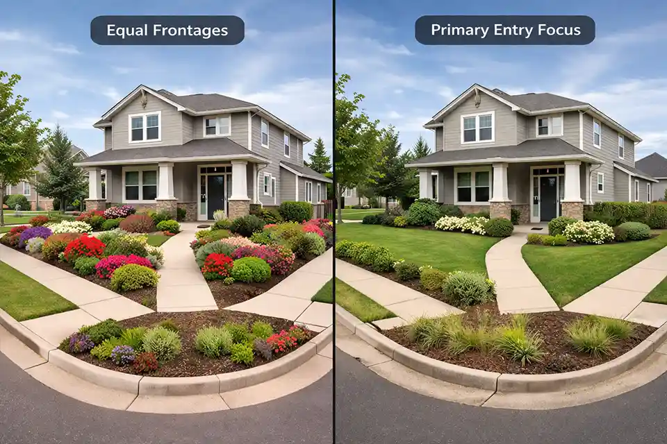 Comparison of a corner lot front yard with equally busy frontages versus a layout with a primary entry side and a calmer side-street frontage