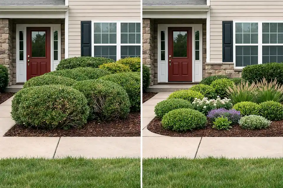 Comparison of an overcrowded HOA-compliant front yard and a properly spaced HOA-compliant planting layout