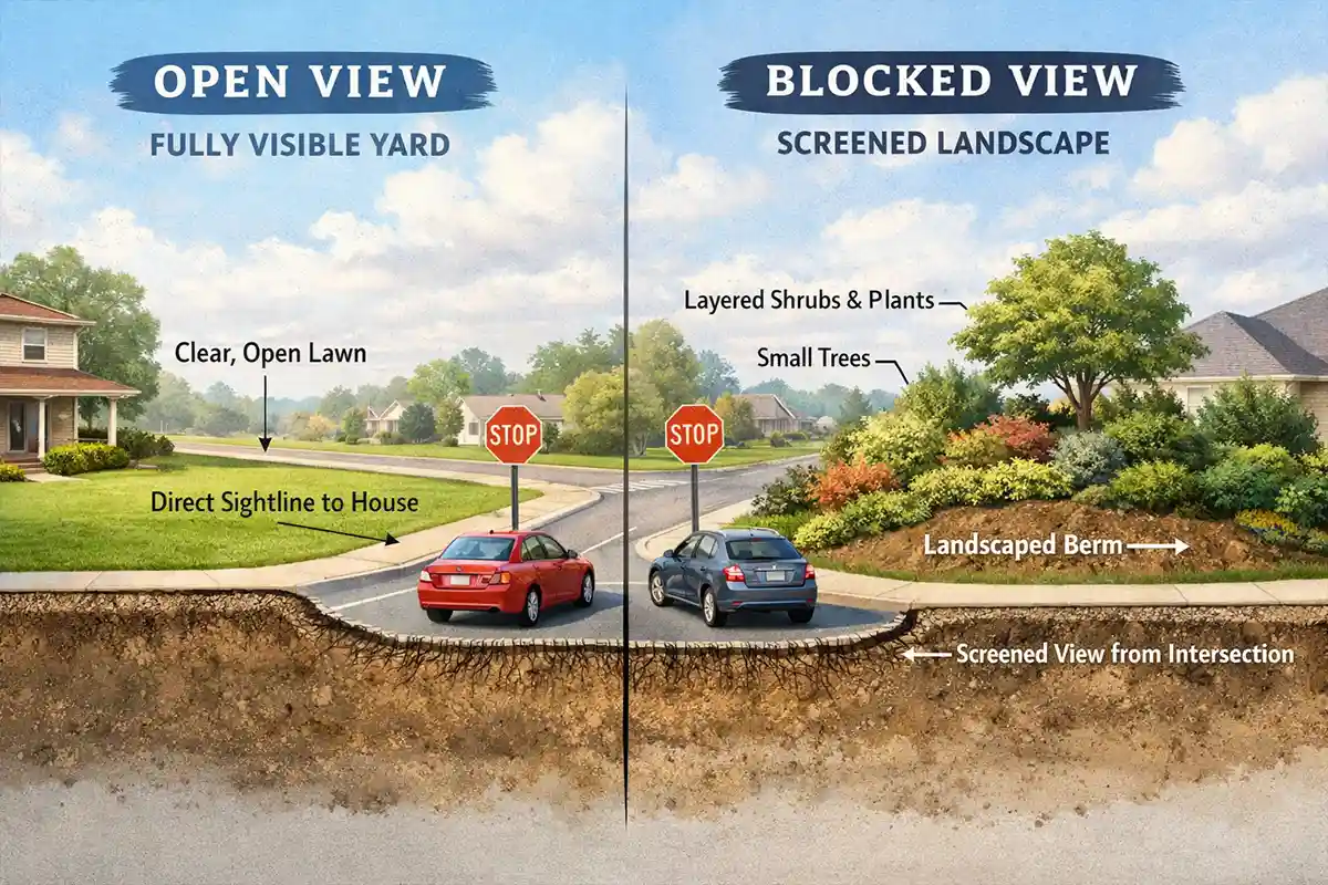 Comparison diagram showing an exposed front yard versus a landscaped privacy buffer blocking views from intersection traffic.