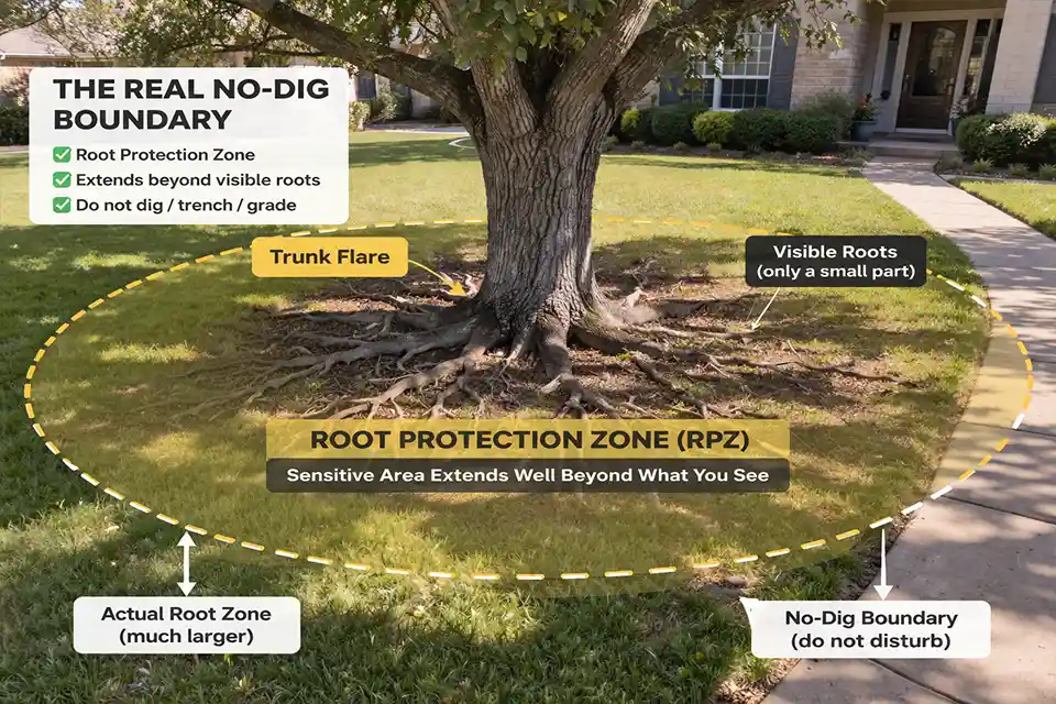 Front yard tree with an overlay showing that the sensitive root zone extends beyond the visible roots near the trunk.