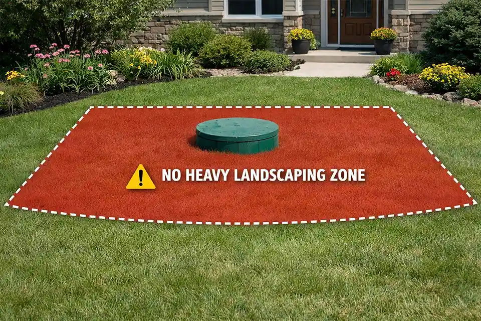 Front lawn with septic drain field area highlighted to show where heavy landscaping, deep-rooted plants, and hardscape should be avoided.