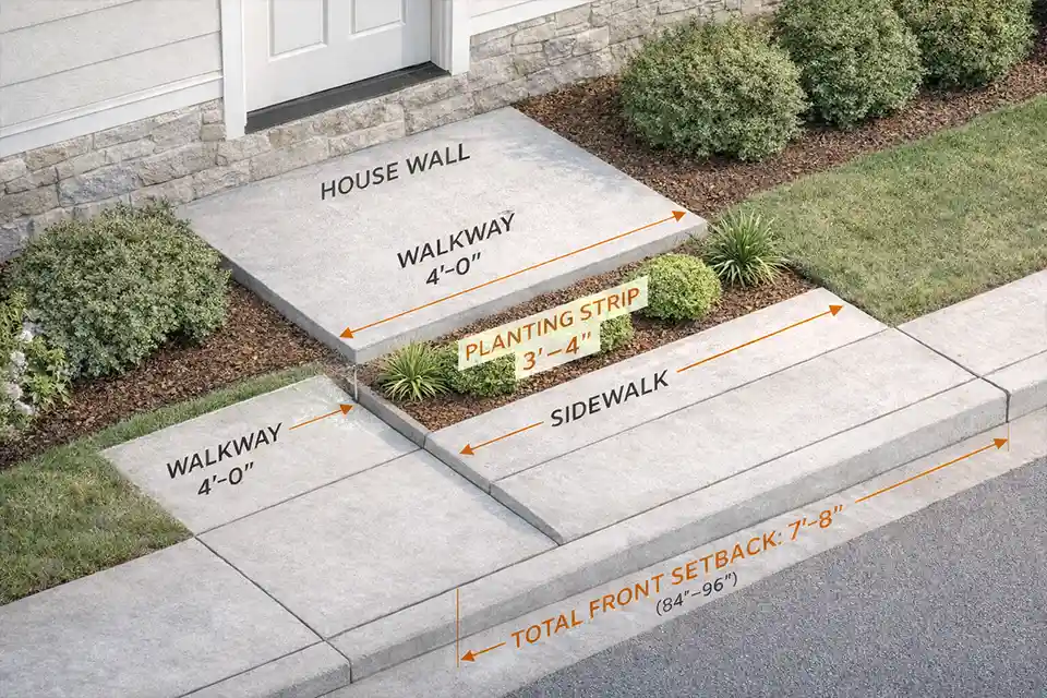 Minimal-setback front yard with overlay measurements showing walkway width and the remaining narrow planting strip between the house and sidewalk