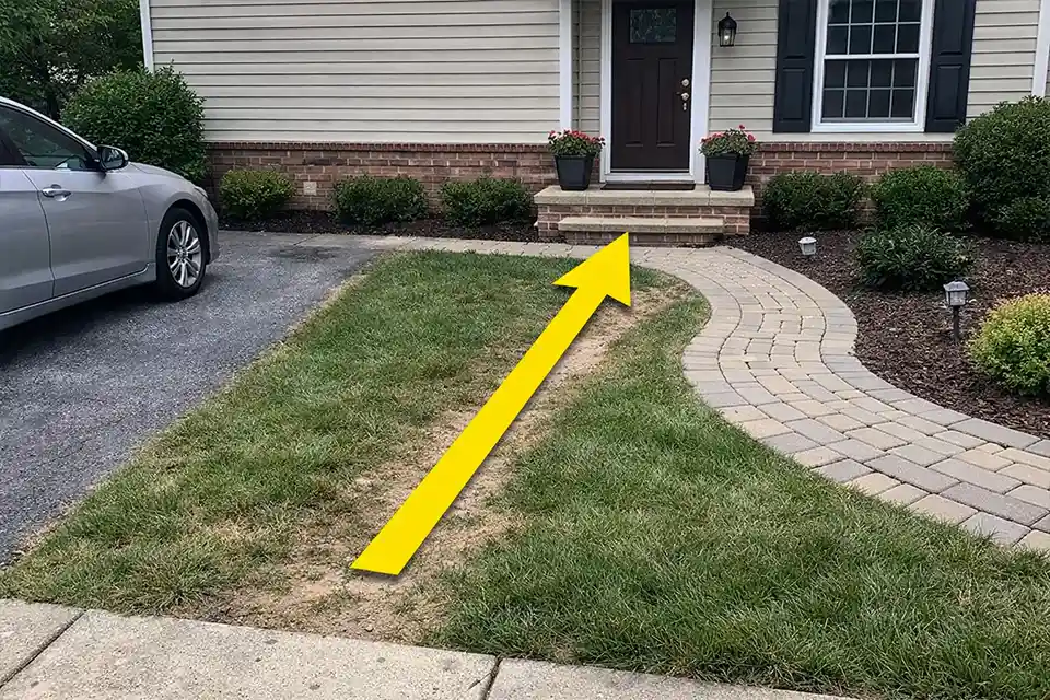 Offset front door and driveway with an overlay showing the direct walking route beside a curved front walkway