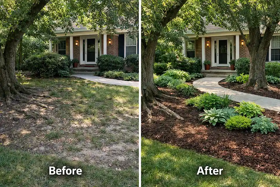 Comparison of a failing shaded front yard with patchy grass and a redesigned front yard with mulch zones and simple shade planting under mature trees