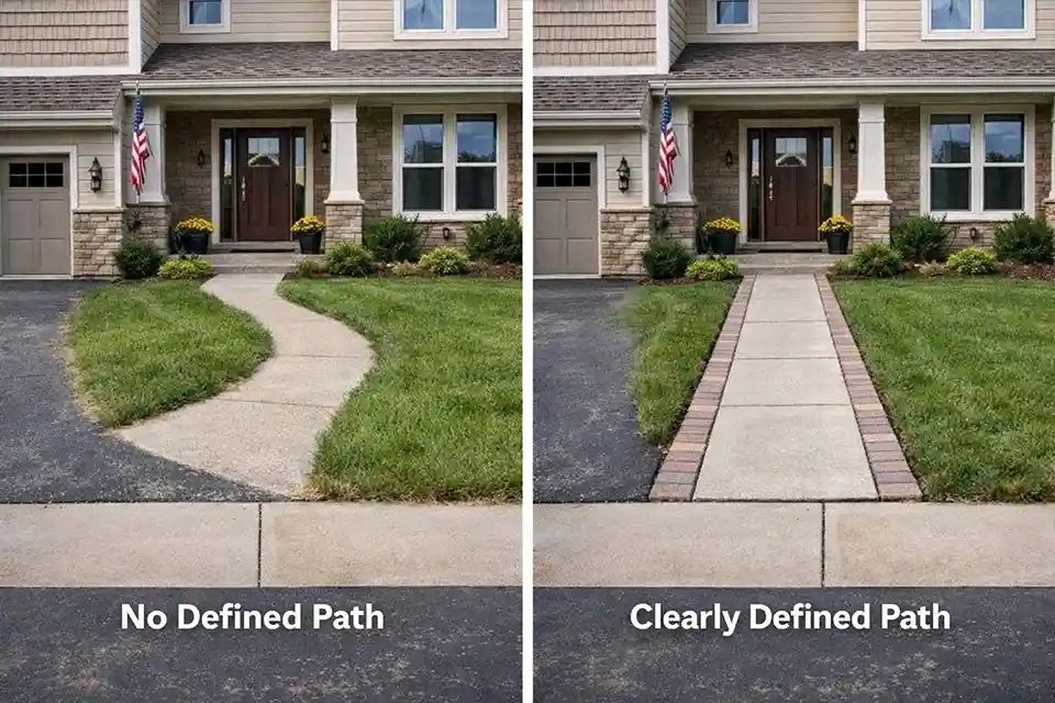 Comparison of a weak walkway and a clearly edged walkway leading to the front door