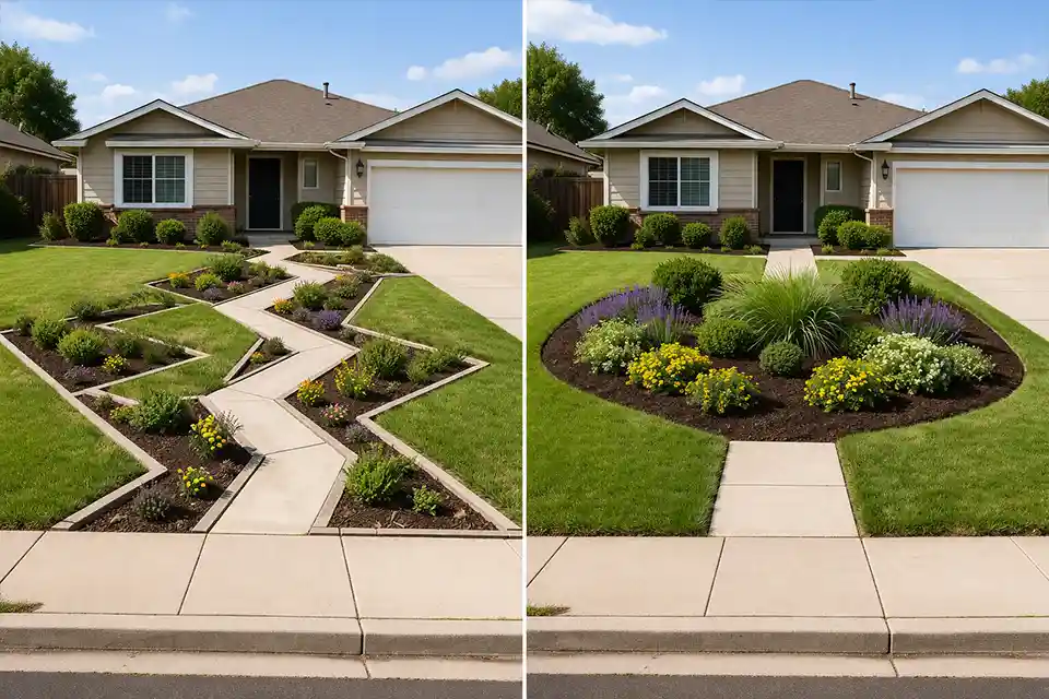 Comparison showing an irregular front yard designed to the lot line versus the same yard redesigned around one simpler usable shape.