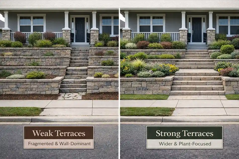 Comparison of a fragmented front yard with shallow retaining wall terraces and a cleaner design with fewer wider usable levels