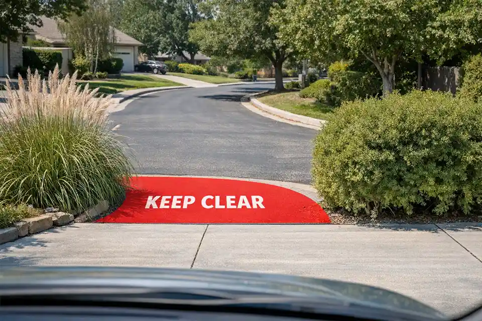 Driveway exit on a curved street with an overlay showing the low-plant visibility zone needed for safe sight lines.