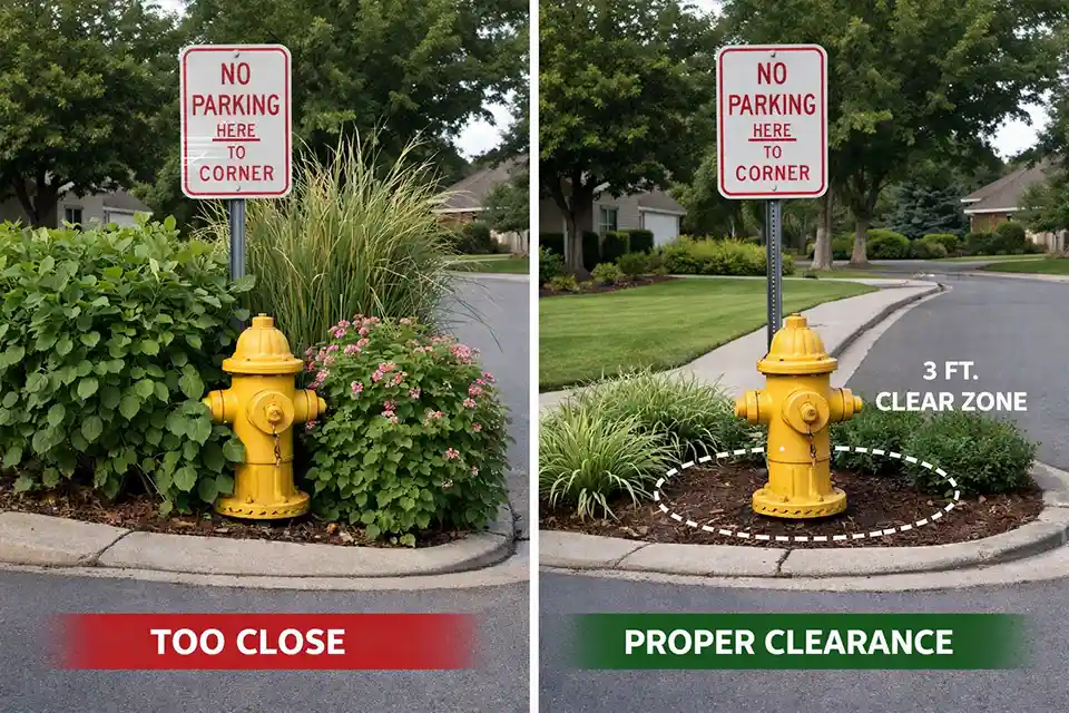 Comparison of a crowded front yard bed versus a corrected layout with open hydrant clearance and low planting near a street sign