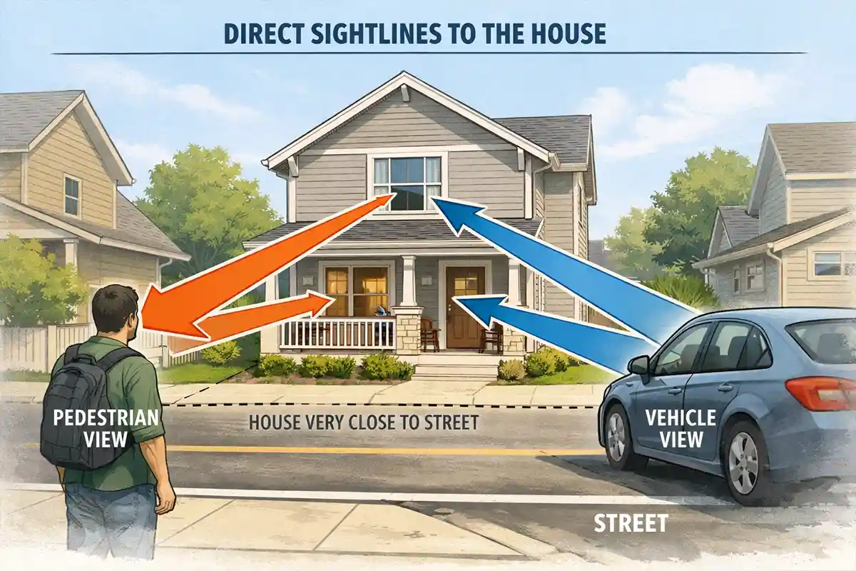 diagram showing street sightlines reaching windows of a house built close to the road with no front setback