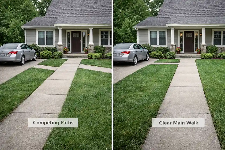 Side-by-side front yard comparison showing competing equal-weight paths versus a clear main walkway with a narrower secondary driveway connector.