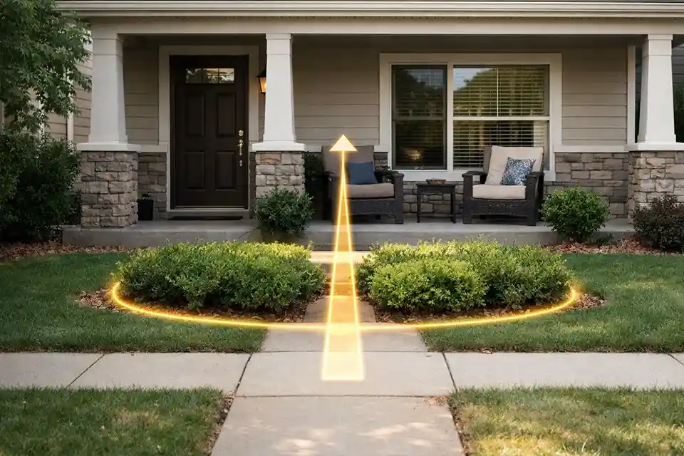 Front yard photo with overlay showing the direct sightline from the sidewalk to the porch and lower front window and the best shrub placement zone for privacy