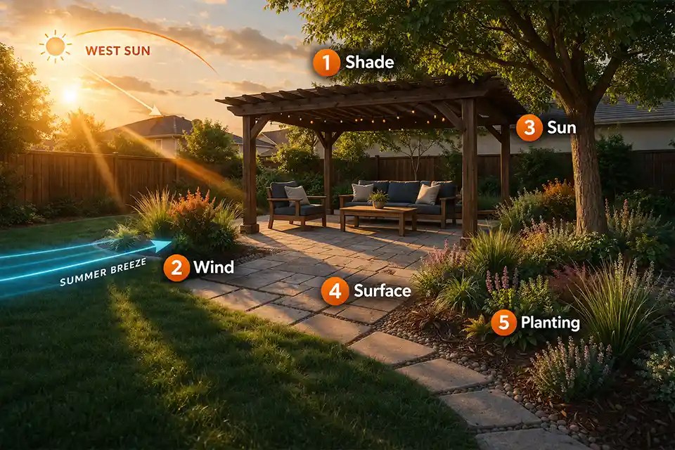 Climate-smart backyard patio with pergola shade, west sun path, summer breeze direction, permeable stone surface, and layered planting shown with clean numbered overlays.