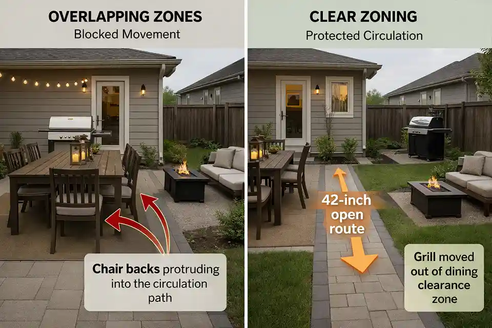 Backyard patio layout comparison with blocked movement vs clear zoning and a 42-inch open path.