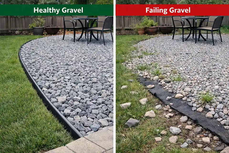 Side-by-side backyard gravel area showing stable gravel depth and edging versus thin gravel with weeds and stone spread