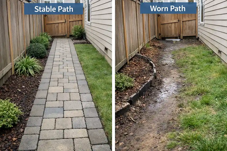Comparison of a stable dog-friendly backyard path versus a worn dirt track with scattered mulch along a fence