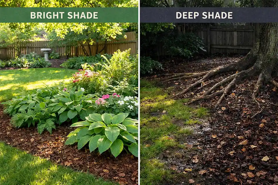 Backyard bed in bright shade compared with deep damp shade, showing healthier planting on one side and mossy wet ground with thinning grass on the other.