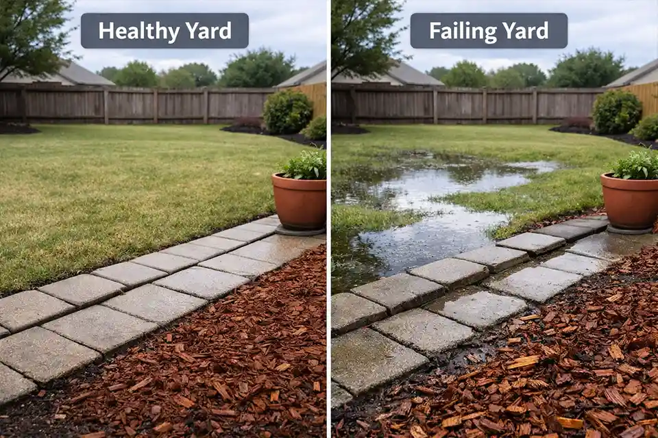 Side-by-side backyard showing healthy drainage on one side and puddling with settled pavers and washed mulch on the other.