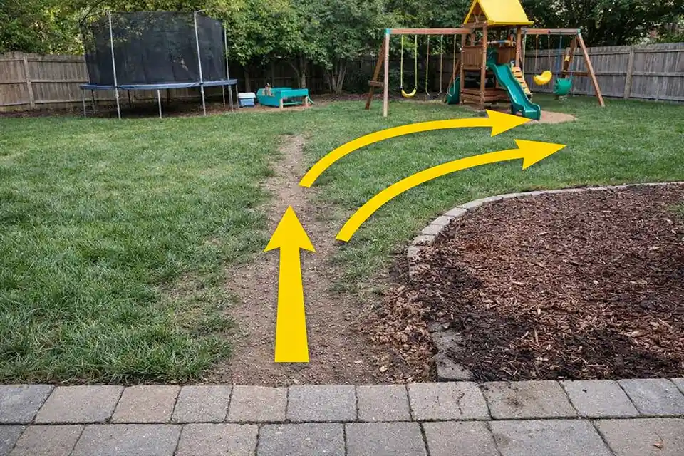 Family backyard transition zone with a worn grass shortcut and overlay arrows showing the repeated walking route from patio to play area