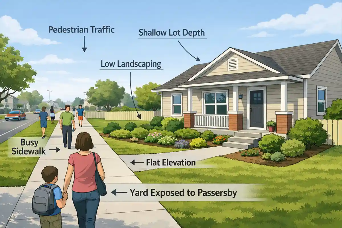 Diagram showing how shallow lot depth, sidewalk placement, and sparse landscaping expose a front yard to pedestrians on a busy walking route.