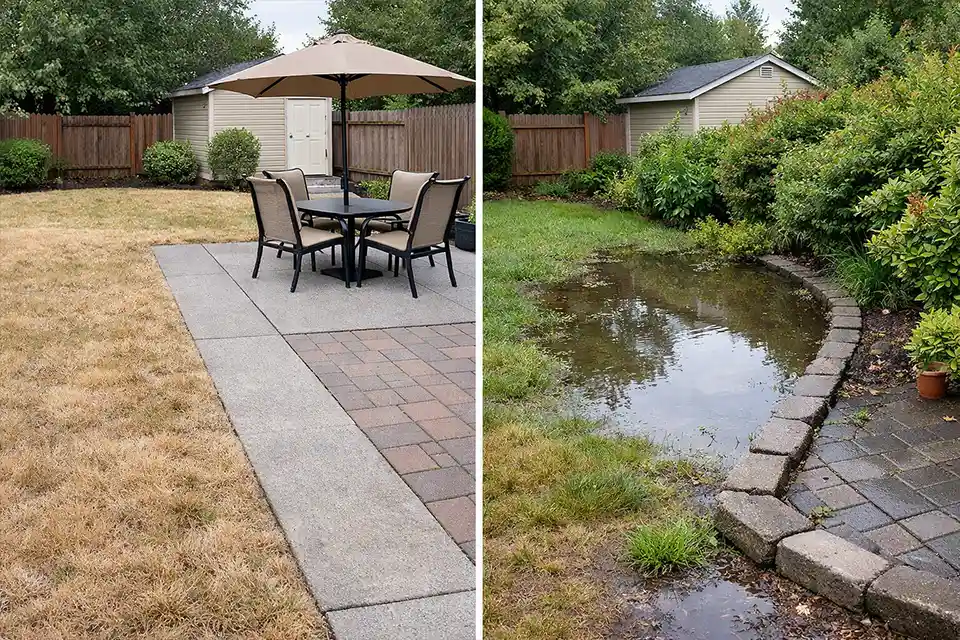 Side-by-side backyard comparison showing a plain usable yard versus a yard with standing water, crowded shrubs, and uneven patio pavers.