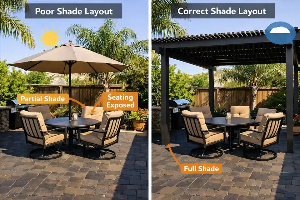 Comparison of a patio with partial ineffective shade and a patio with full shade over the main seating area