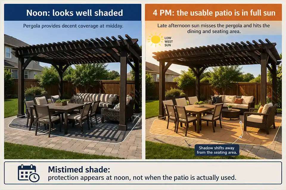 Side-by-side patio comparison showing a pergola that shades the space at noon but leaves the dining and seating area in full sun by 4 PM.