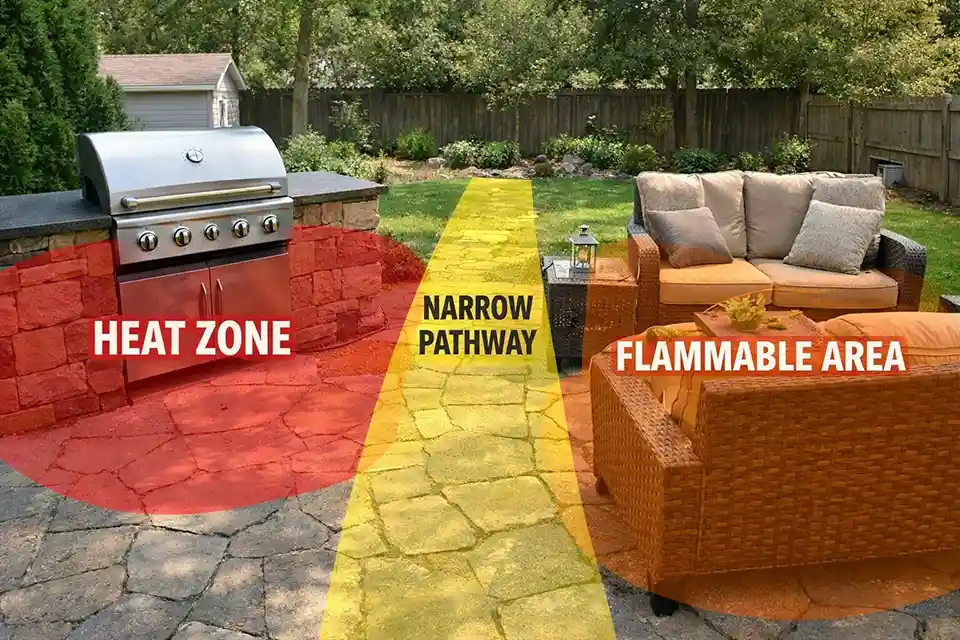 Patio photo with overlay showing grill heat zone, narrow walkway, and nearby cushions creating overlapping safety hazards