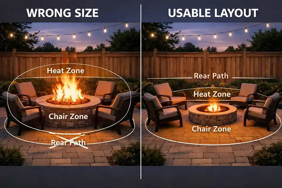 Side-by-side comparison of an oversized backyard fire pit layout versus a smaller fire pit layout with safer spacing and a clear rear walkway.