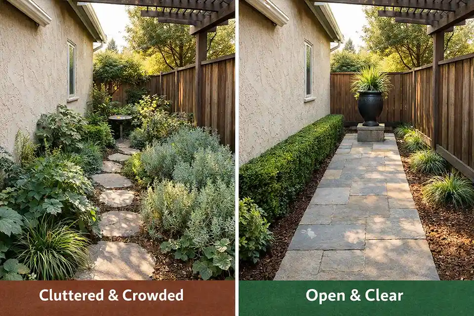 Comparison of a cramped shaded garden with a narrow walkway and weak edge versus a simplified layout with a clear path and taller focal element