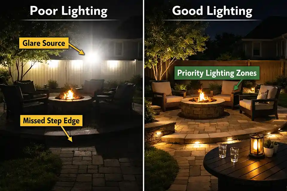 Side-by-side backyard lighting comparison with overlay showing glare, missed step edge, and corrected priority lighting on seating, steps, and paths