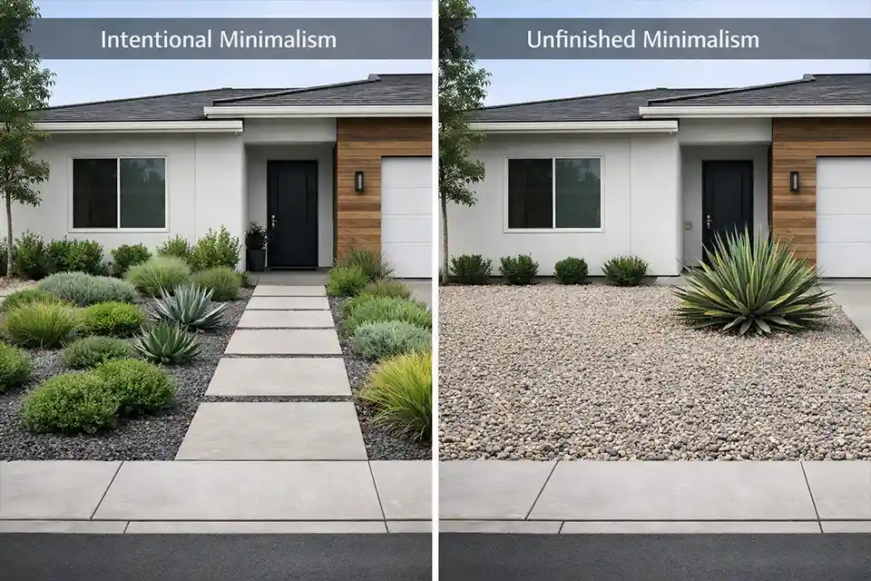 Comparison of a balanced minimalist front yard and an underplanted minimalist front yard that looks unfinished