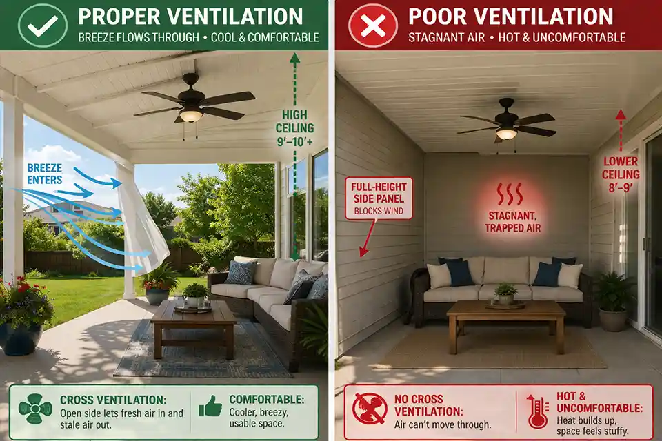 Comparison of a covered patio with open side airflow and a deeper enclosed patio with stagnant air