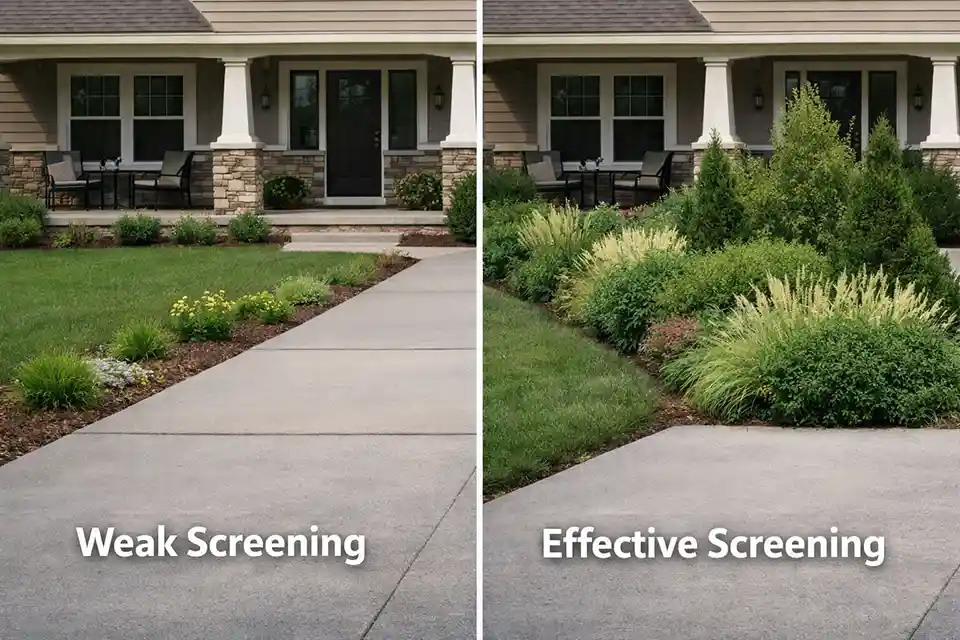 Comparison of weak single-line driveway planting and layered staggered screening that improves front yard privacy