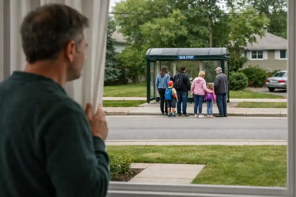 homeowner looking toward a group waiting at a bus stop across the street from an exposed suburban front yard