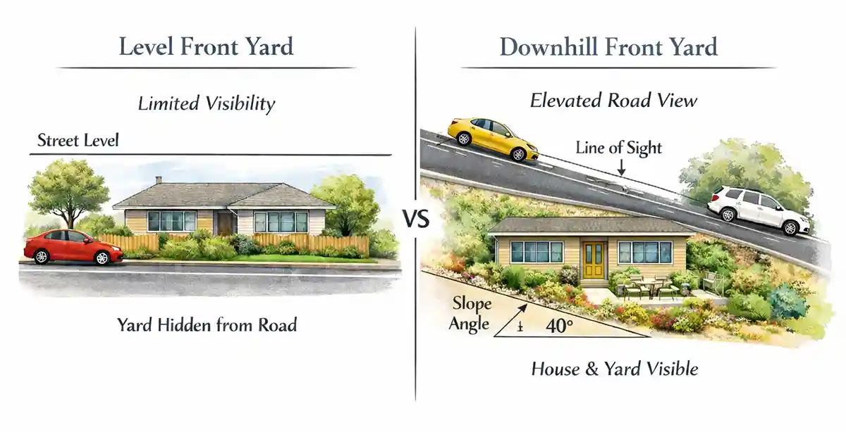 Comparison diagram showing how a sloped front yard toward a higher road creates direct visibility into the property compared to a level yard.