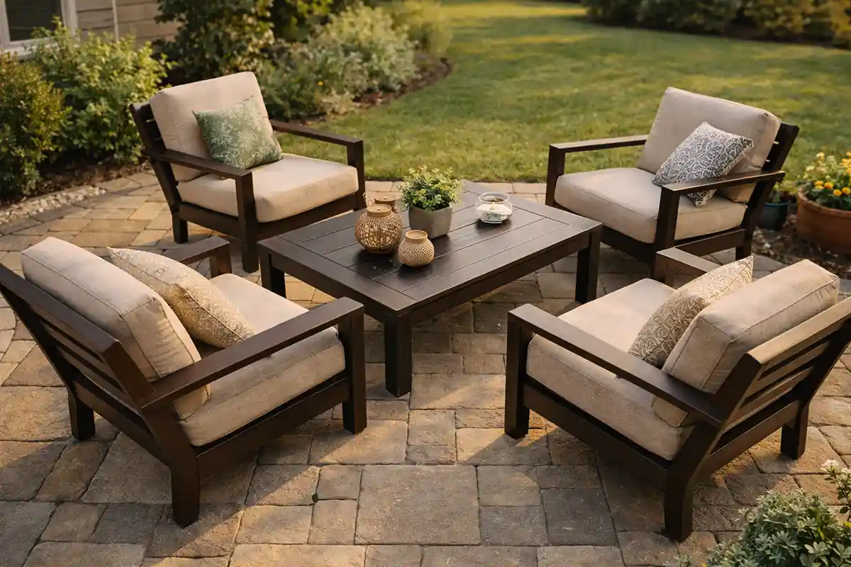 Patio seating arranged in a tight conversational grouping with chairs angled inward and a coffee table centered.