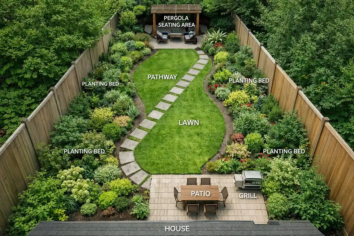 Landscape plan showing offset patio and diagonal pathway in narrow backyard