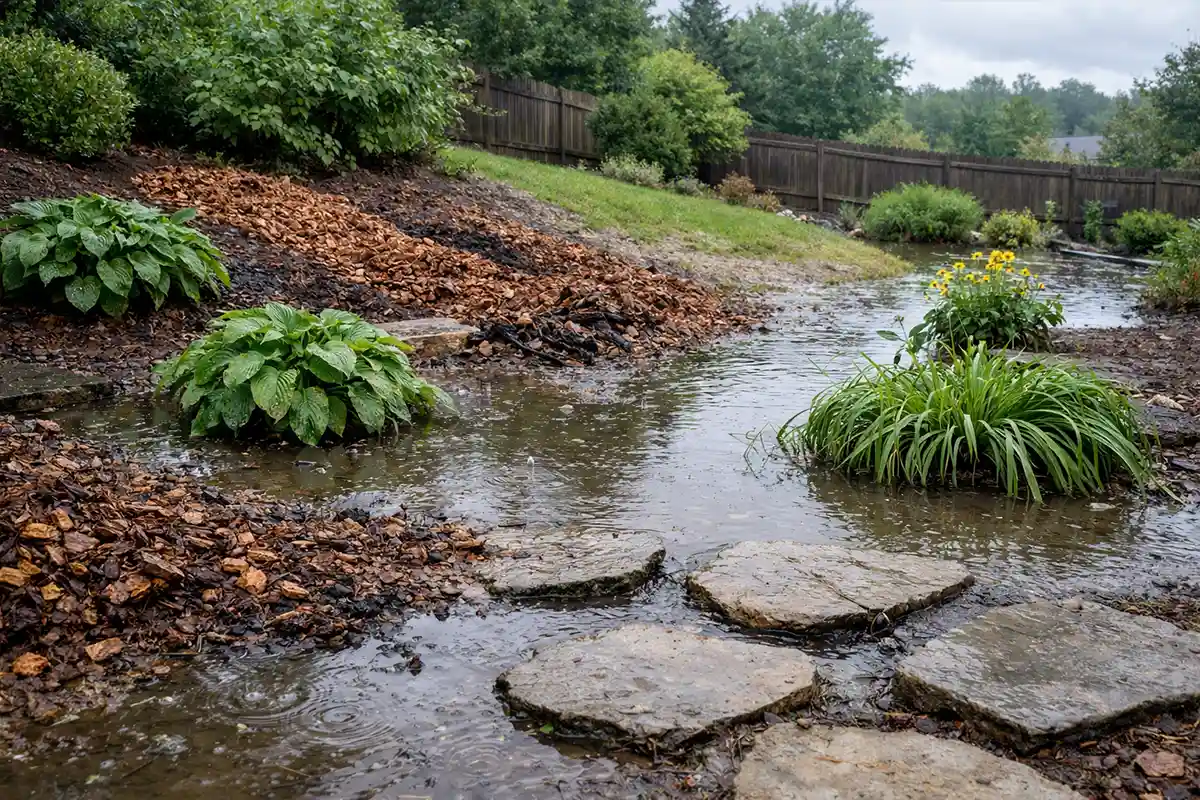 Garden drainage problem with standing water around plants and soil erosion