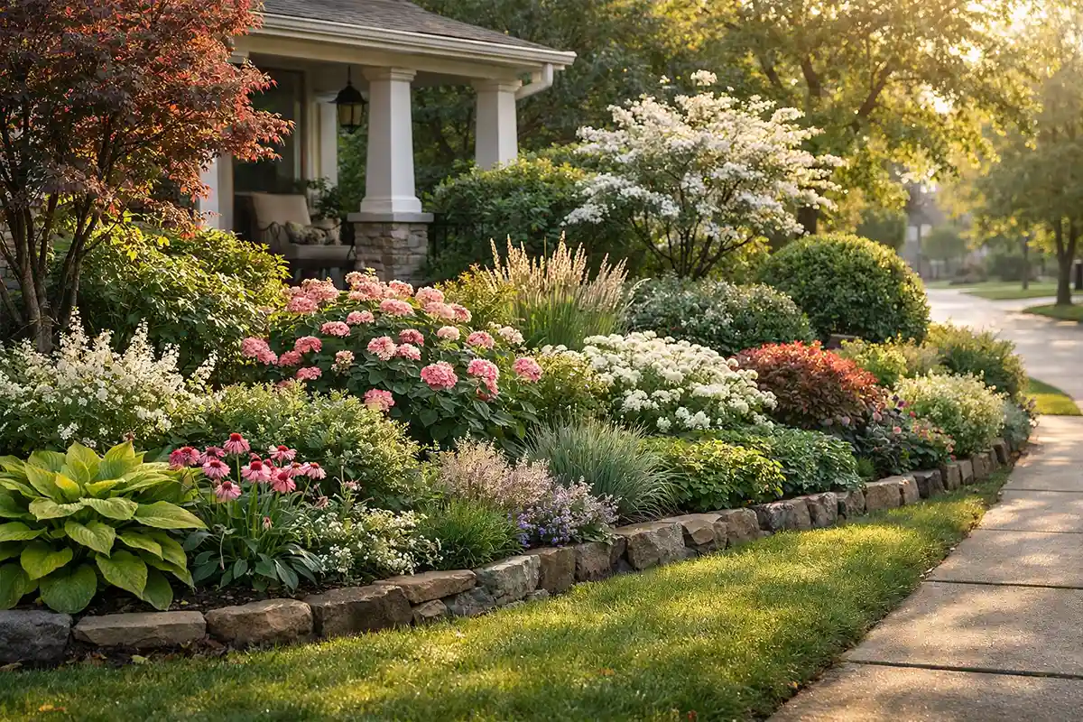 Suburban front yard privacy buffer using trees and shrubs