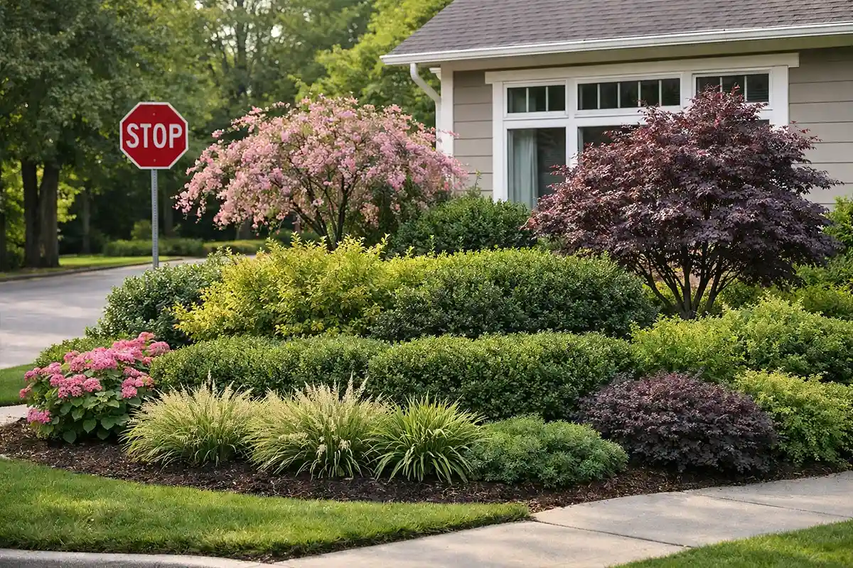Front yard landscaping blocking visibility from cars stopped at a nearby intersection