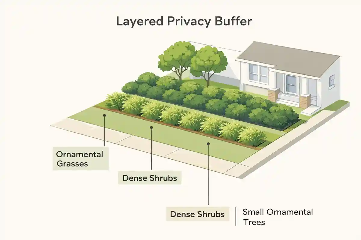 Diagram showing layered planting design creating privacy between sidewalk and house.