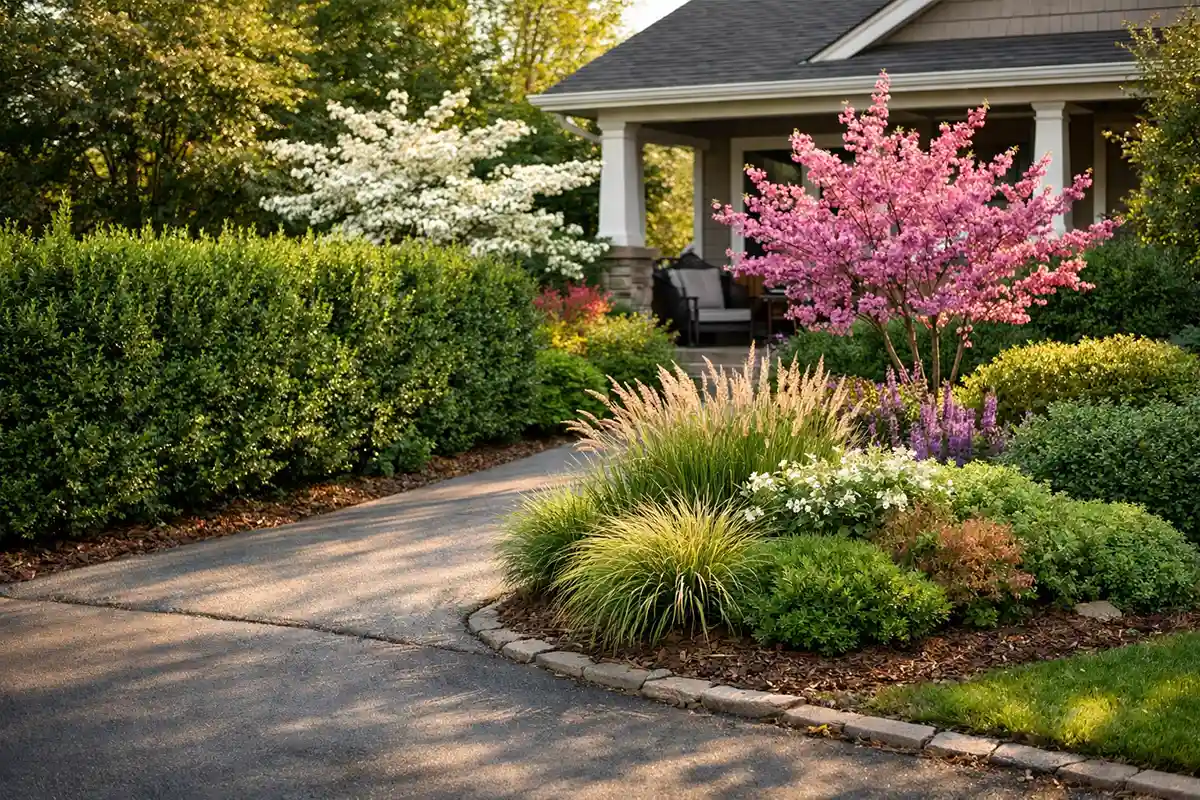 mature driveway privacy landscaping blocking street view