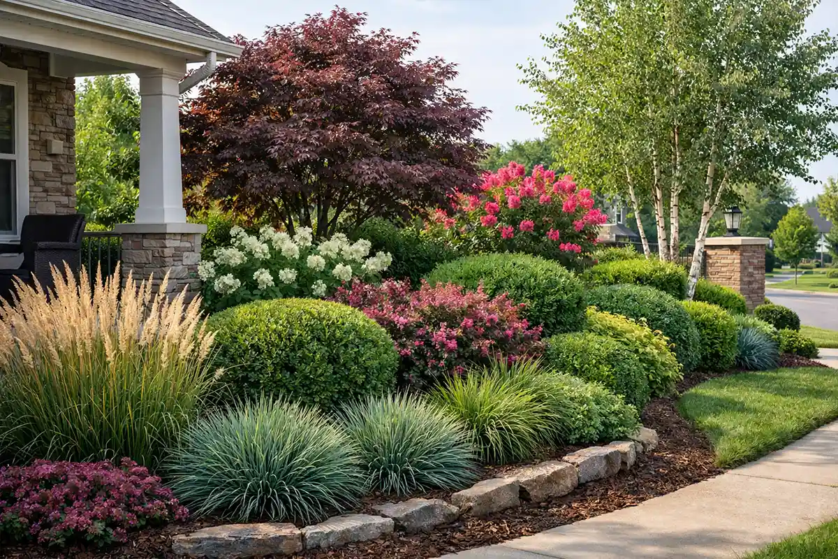 Layered landscaping design creating front yard privacy near a busy neighborhood entrance.