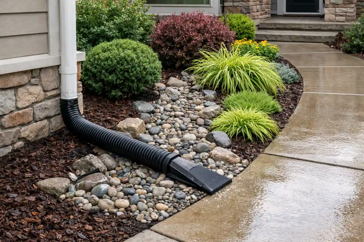 Front yard drainage solution using a downspout extension and gravel bed away from the walkway.