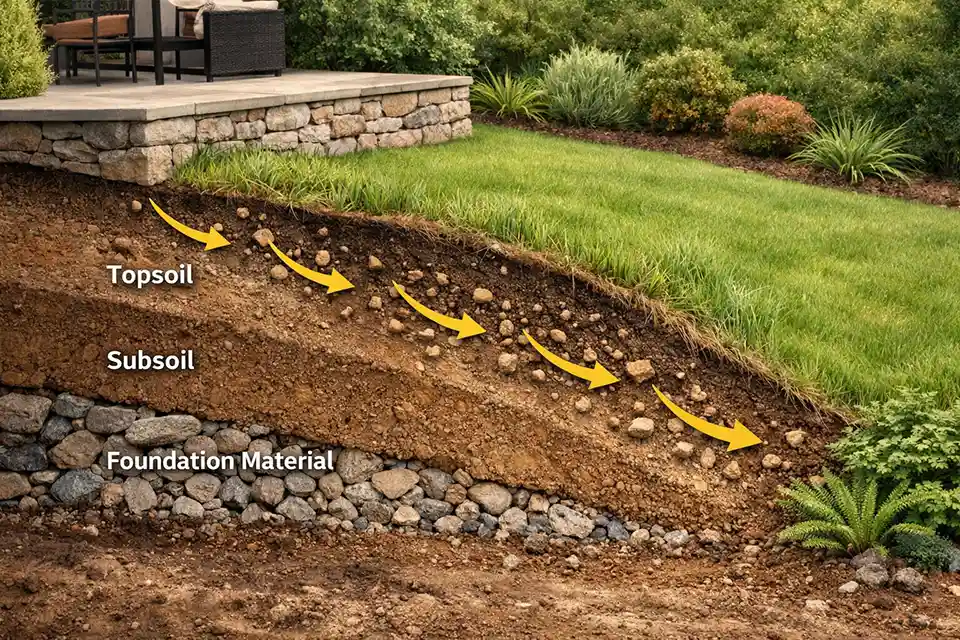 Diagram showing soil creep movement slowly shifting soil downhill on a backyard slope.