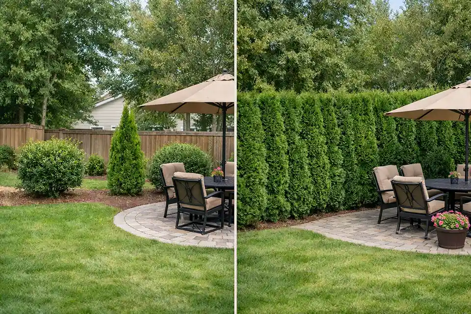 Comparison of sparse shrubs versus dense evergreen hedge used for backyard privacy screening.