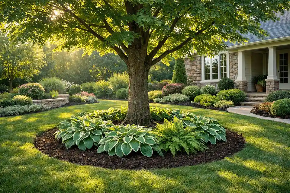 Front yard landscape redesign using mulch and shade plants beneath a mature tree.