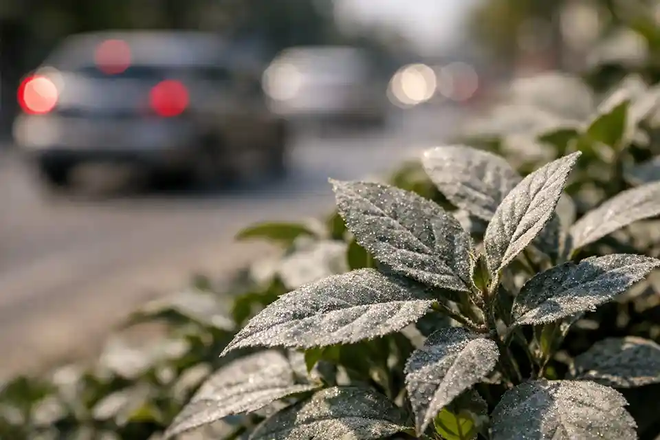 Close-up of plant leaves coated with dust from traffic in a front yard near a busy road.
