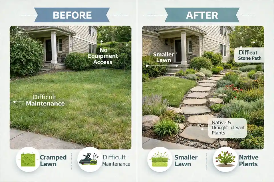 Before and after redesign of a small front yard showing improved maintenance access and reduced lawn area.